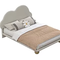 Cloud Shaped Headboard Double Bed With Striped Pillows Daisy Decoration And Brown Quilt