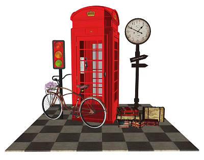 London Themed Street Scene With Red Telephone Booth Clock Vintage Bicycle Traffic Light And Suitcases 3d model