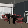 Modern Restaurant Interior Design With Oval Dark Wood Table Red Chairs And Pendant Lights