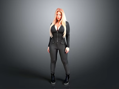 Woman With Blonde Hair In Black Tight Jumpsuit And Black Boots Standing Against Gray Background 3d model