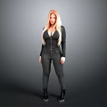 Woman With Blonde Hair In Black Tight Jumpsuit And Black Boots Standing Against Gray Background