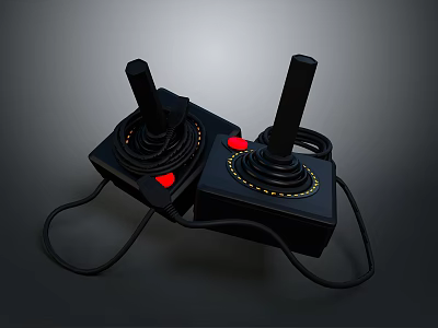 Black Computer Game Joysticks With Red Buttons And Connected Cables 3d model