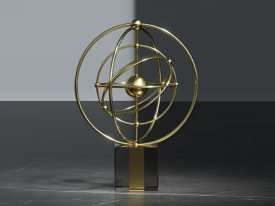 Golden Metal Decorative Ornament Set With Circular Rings Sphere And Marble Base 3d model