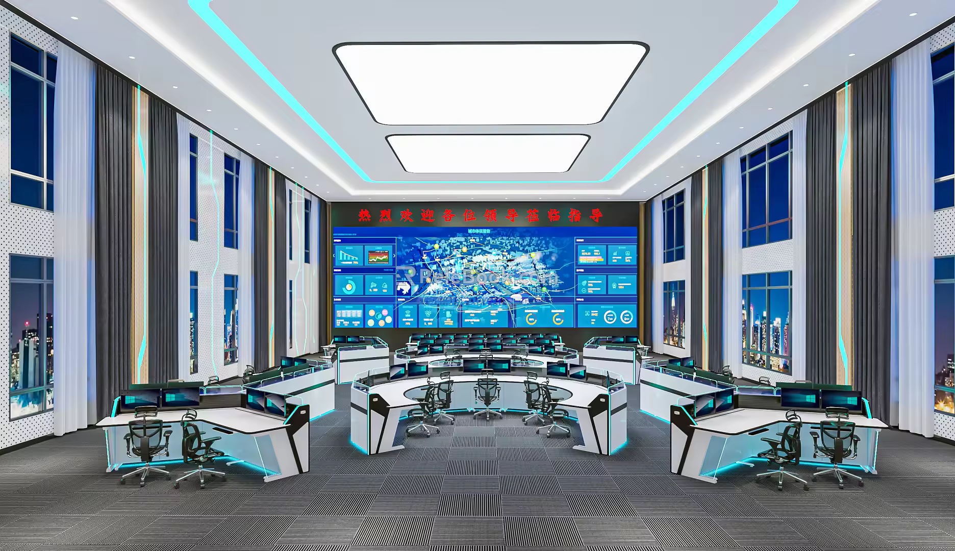 Modern monitoring room Command control room Dispatching command center Monitoring hall Command hall Office desks and chairs 3d model
