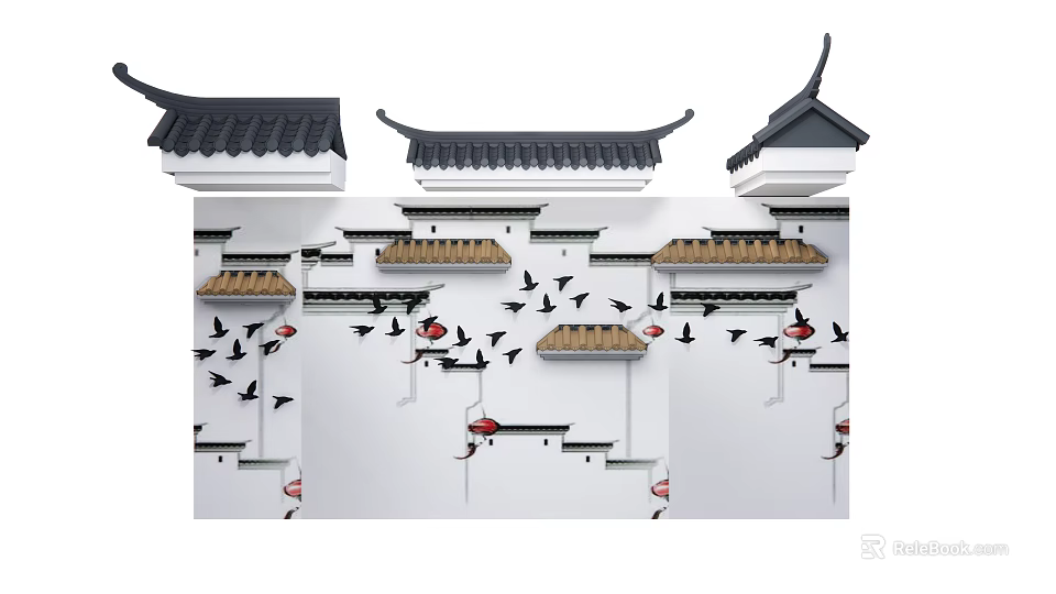 Traditional Chinese Building Exterior Wall with Curved Eaves White Walls and Flying Bird Motifs 3d model 
