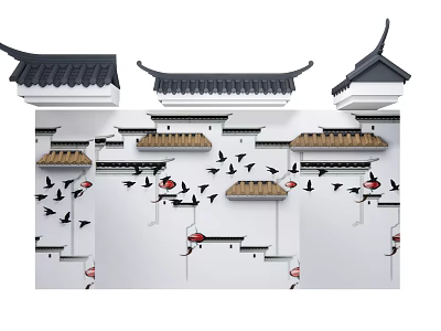 Traditional Chinese Building Exterior Wall with Curved Eaves White Walls and Flying Bird Motifs 3d model
