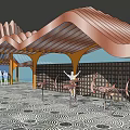 Modern Wave Shaped Copper Colored Pergola With Green Lawn And Patterned Paving 3d model