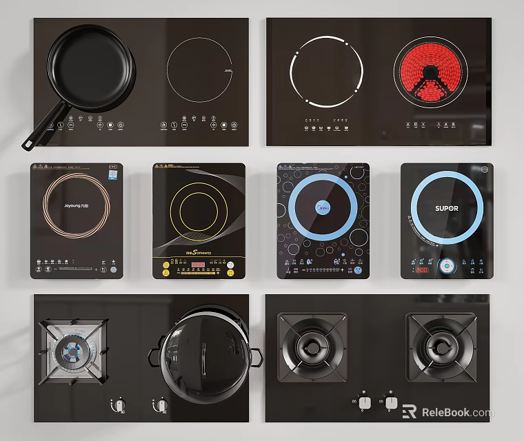 Various Modern Kitchen Cooktop Appliances With Different Panel Designs And Controls 3d model 