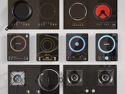 Various Modern Kitchen Cooktop Appliances With Different Panel Designs And Controls 3d model