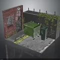 Urban Brick Building Exterior With Red Wall Door Green Trash Bins Graffiti And Climbing Plants