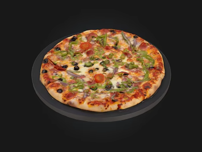 Delicious Baked Pizza With Tomatoes Bell Peppers Onions Olives And Melted Cheese 3d model