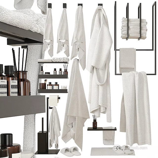 Organized Daily Washing Supplies With Soft Hanging Towels And Bathroom Storage Racks 3d model 