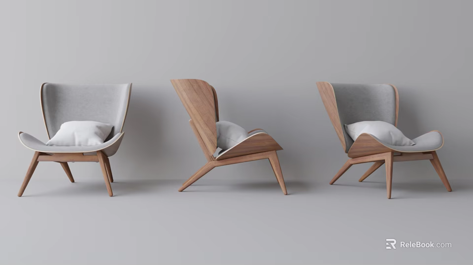 Modern Accent Chairs With Wooden Frame And Gray Cushions For Living Space 3d model 