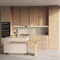 Modern Kitchen With Light Wood Cabinets Concrete Island Built In Oven And Under Cabinet Lighting