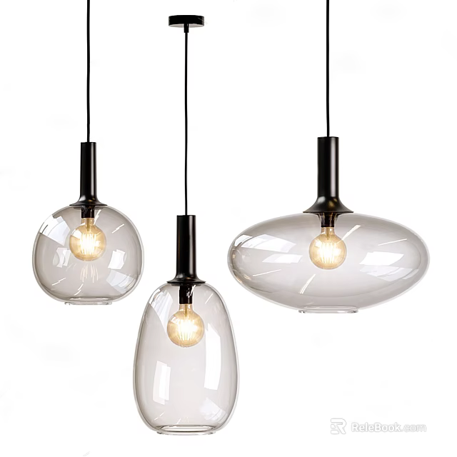Modern Glass Pendant Lights with Various Shapes and Black Bases Featuring Warm Lit Bulbs 3d model 