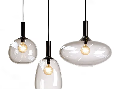 Modern Glass Pendant Lights with Various Shapes and Black Bases Featuring Warm Lit Bulbs 3d model