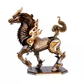 Mythical Kirin Sculpture with Golden Black Metal Intricate Mane Tail and Hexagonal Base