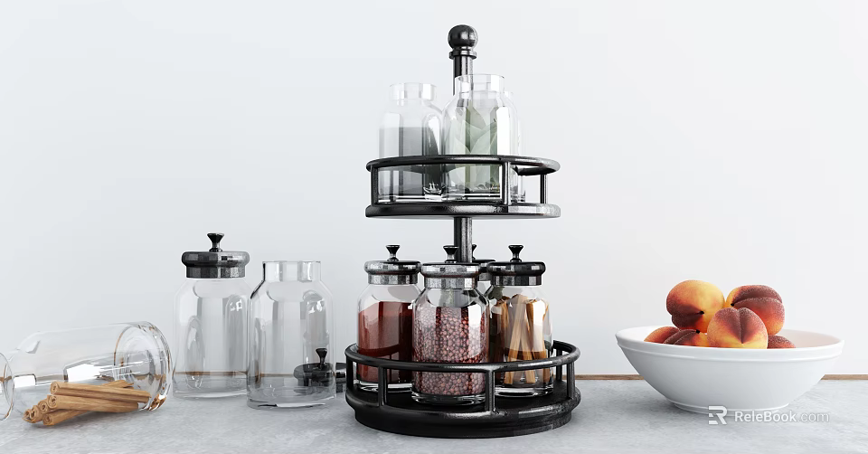 Kitchen Countertop With Rotating Spice Rack Glass Jars And Peach Bowl 3d model 