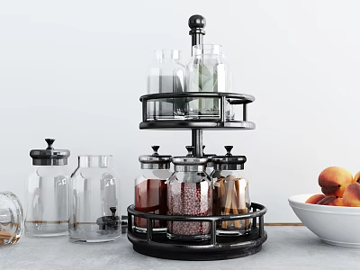 Kitchen Countertop With Rotating Spice Rack Glass Jars And Peach Bowl 3d model