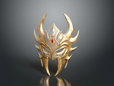 Golden Decorative Mask With Intricate Spikes And Red Gemstone Design 3d model