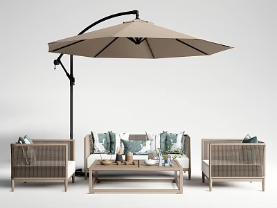 Stylish Outdoor Sofa Set With Rattan Chairs Coffee Table And Patio Umbrella 3d model