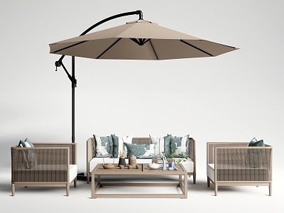 New Chinese Style Outdoor Sofa Combination Rattan Sofa Sunshade Tea Set 3d model