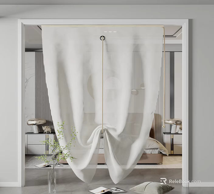 White Sheer Curtain For Elegant Modern Bedroom With Bed And Plant 3d model 