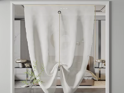 White Sheer Curtain For Elegant Modern Bedroom With Bed And Plant 3d model