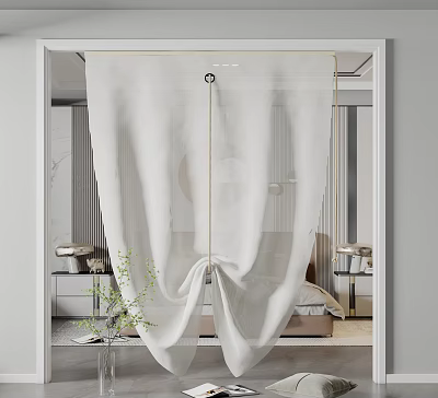White Sheer Curtain For Elegant Modern Bedroom With Bed And Plant 3d model