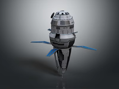 Metallic Space Equipment With Spherical Structure Blue Solar Panels And Pointed Bottom Design 3d model