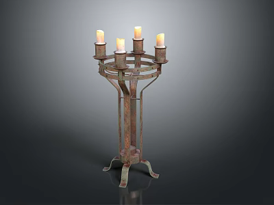 Vintage Metal Candelabra With Four Lit Candles And Ornate Stand Base 3d model