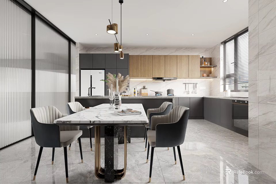 Modern Kitchen Interior Design With Island Counter Dining Table Chairs And Pendant Lights 3d model 