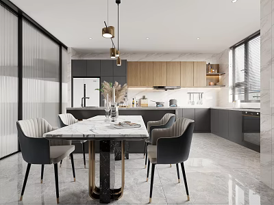 Modern Kitchen Interior Design With Island Counter Dining Table Chairs And Pendant Lights 3d model