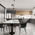 Modern Kitchen Interior Design With Island Counter Dining Table Chairs And Pendant Lights