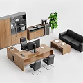 Modern Office Desk Workspace With Ergonomic Chairs Sofa Green Plant And Storage Cabinet
