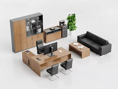 Modern Office Desk Workspace With Ergonomic Chairs Sofa Green Plant And Storage Cabinet 3d model