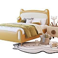 Yellow Kids Bed with Bear Ear Headboard Green Blanket White Sheets and Side Table Toys