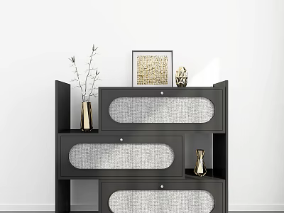 Black Entryway Cabinet Sideboard with Woven Panel Drawers and Decorative Vase Frame Ornament 3d model