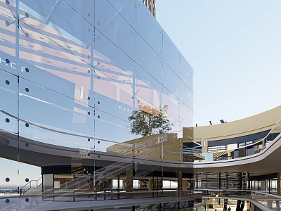 Modern Commercial Street Featuring Glass Facade Multi Level Design Open Space And Green Trees 3d model
