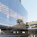 Modern Commercial Street Featuring Glass Facade Multi Level Design Open Space And Green Trees