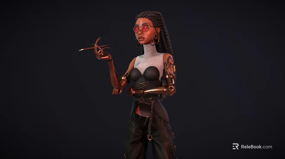 Woman with braided hair red glasses and mechanical arm holding tool in futuristic outfit 3d model 