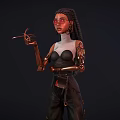 Woman with braided hair red glasses and mechanical arm holding tool in futuristic outfit