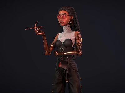 Woman with braided hair red glasses and mechanical arm holding tool in futuristic outfit 3d model
