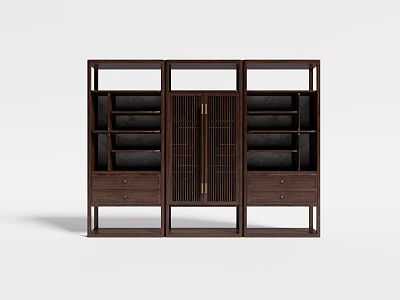 Dark Brown Wooden Bookcase With Double Doors Vertical Stripes Open Shelves And Bottom Drawers 3d model