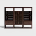Dark Brown Wooden Bookcase With Double Doors Vertical Stripes Open Shelves And Bottom Drawers