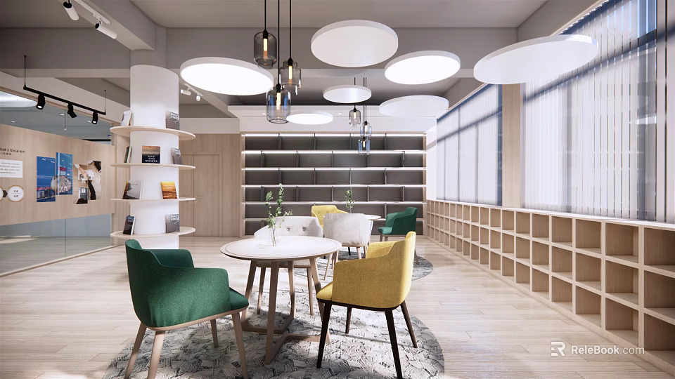 Book Art Interior Design With Bookshelves Round Table Colorful Chairs And Pendant Lights 3d model 