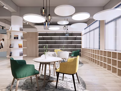 Book Art Interior Design With Bookshelves Round Table Colorful Chairs And Pendant Lights 3d model