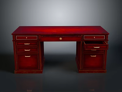 Classic Dark Red Wooden Desk With Multiple Drawers And Side Cabinets 3d model