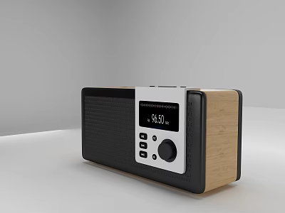 Modern Black And Wooden Radio Speaker With FM Function Time Display Buttons And Knob 3d model