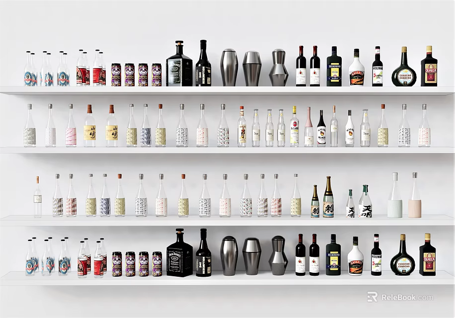 Various Types of Wine Bottles and Glasses Neatly Arranged on Display Shelves with Mixing Tools 3d model 